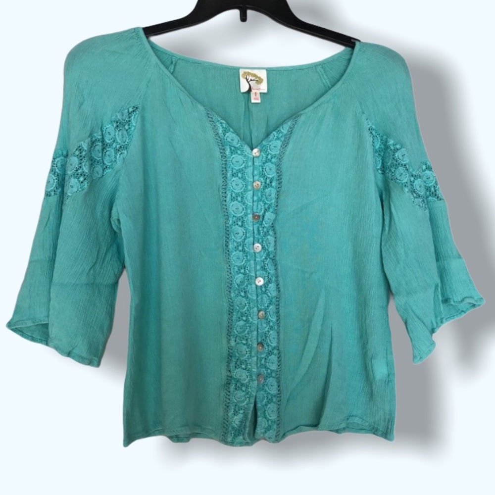 Fig & Flower - Blue Peasant Top - Sz Lg
